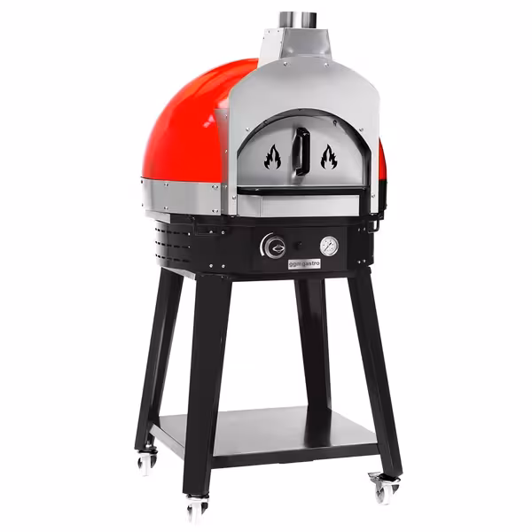 Gas Deck Pizza Oven - Single Deck -  3 × Ø 30 cm - Stone Deck - Mechanical Controls - Red - up to 400°C - incl. Base frame