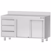خزانة قاعدية ستانلس ستيل KOPENHAGEN ECO - 1400x700mm - وحدة أدراج 3 يسار، و2 أبواب منزلقة - مع حاجز خلفي