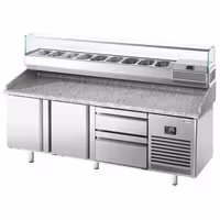 Table réfrigérée à pizza Premium PLUS - 1980x700 mm - avec 2 portes & 2 tiroirs - incl. vitrine réfrigérée - 9x GN 1/4