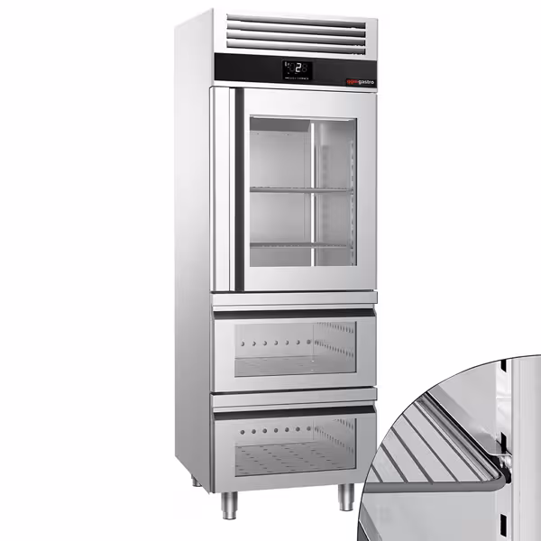 Szafa chłodnicza PREMIUM – stal nierdzewna – GN 2/1 – 700 L – z 1 drzwiami szklanymi i 2 szufladami szklanymi