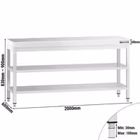 Profesionalni inox radni stol PREMIUM - 2000x600 mm - s donjom policom & središnjom policom & s ojačanjem radne plohe