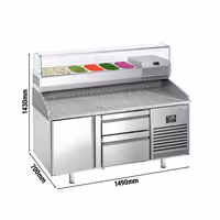 Table réfrigérée à pizza Premium PLUS - 1490x700 mm - avec 1 porte & 2 tiroirs - incl. vitrine réfrigérée - 6x GN 1/4