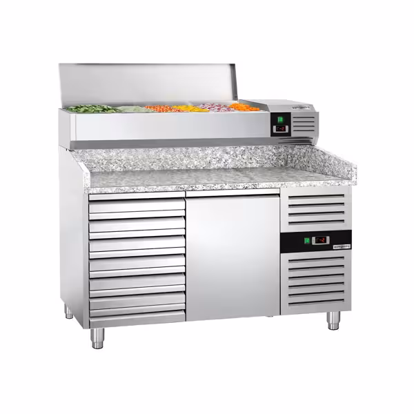 Stół chłodniczy do pizzy PREMIUM - 1500x800mm - z blatem granitowym - 1‑drzwiowy, 7 szuflad - z nadstawką chłodniczą - 6x GN 1/3