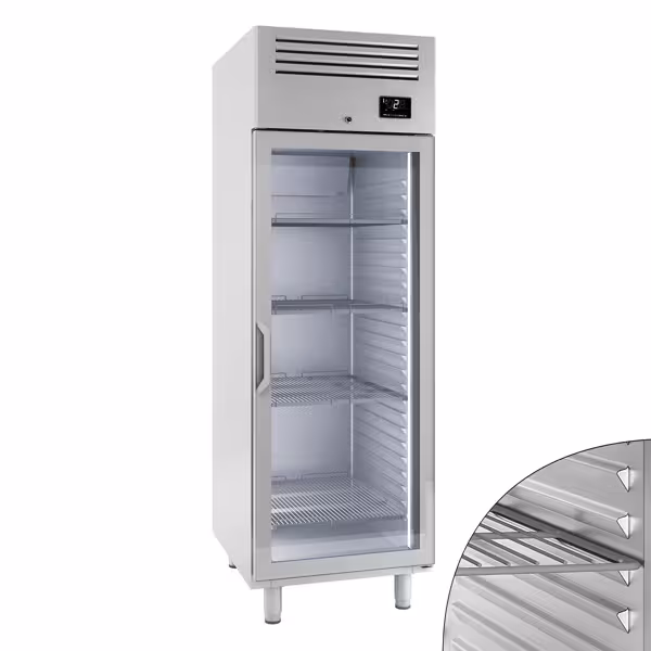 Szafa chłodnicza ze stali nierdzewnej PREMIUM PLUS - GN 2/1 - 560L - 687x794mm - 1 drzwi, przeszklona - chłodzenie wentylowane; LED