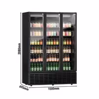 Commercial Beverage Display Fridge - 1500mm - 1500 Litres - with 3 hinged glass doors - LED lighting - Black - Temperature range 1 to 9 °C