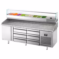 Table réfrigérée à pizza Premium PLUS - 1980x700 mm - avec 1 porte & 6 tiroirs - incl. vitrine réfrigérée - 9x GN 1/4