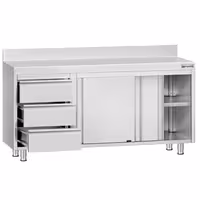 خزانة قاعدية ستانلس ستيل KOPENHAGEN ECO - 1600x600mm - أبواب منزلقة و وحدة أدراج 3 يسار - مع حاجز خلفي