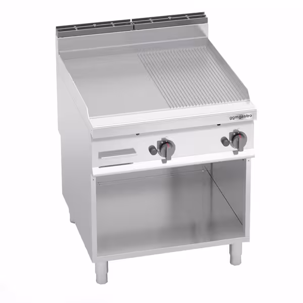 Gázüzemű rostlap - 20 kW - Sima és bordázott - Sütőfelület: 796x667 mm - álló - nyitott tárolóval - Professzionális