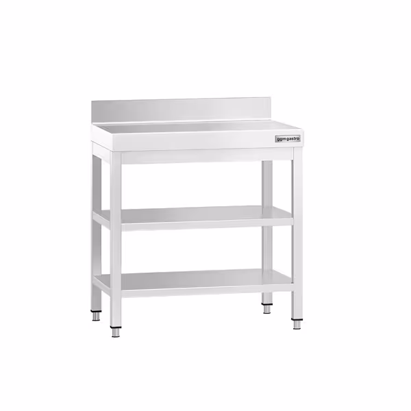 طاولة عمل ستانلس ستيل PREMIUM - 600x600mm - مع رف سفلي & حاجز خلفي & رف وسطي & تدعيم