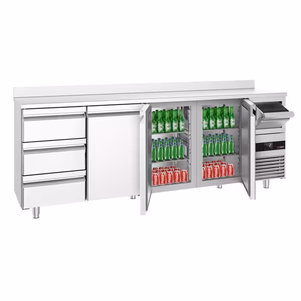 Stół chłodniczy barowy do napojów PREMIUM – 2690 x 600 mm – z 3 drzwiami, 3 szufladami, rantem i odbijakiem do kawy