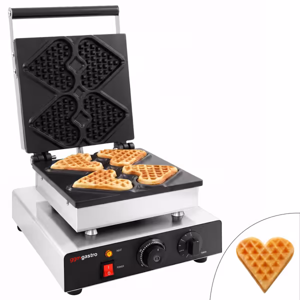 Waffle makinesi - Tekli - Manuel - 1,75 kW - Şekil: Mini kalp - Teflon kaplı pişirme plakaları