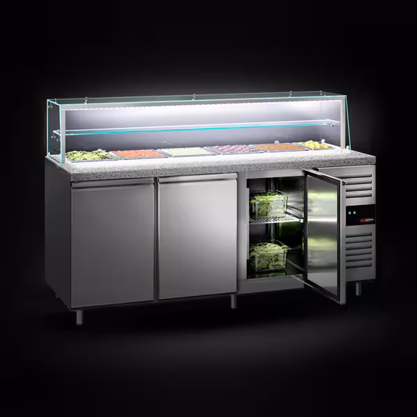 Stół chłodniczy sałatkowy TORONTO PREMIUM - 2020mm - 580L - 3 drzwi - z nadstawką szklaną - blat roboczy z czarnego granitu