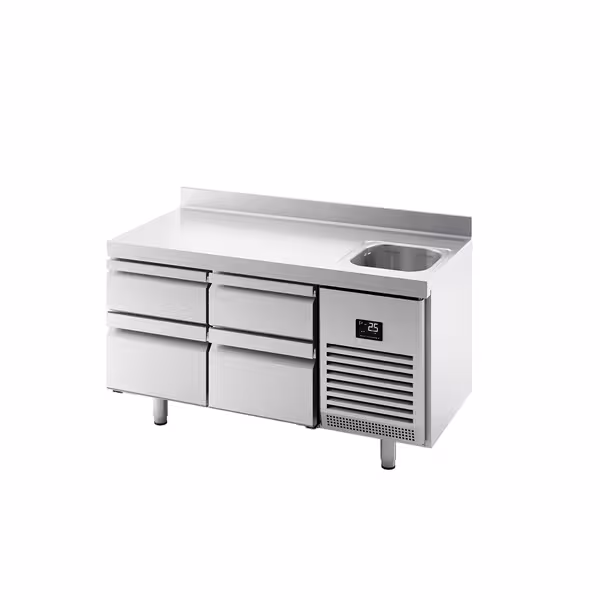 Mostrador refrigerado PREMIUM PLUS - 1468x600mm - de trabajo con fregadero - 4 cajones - encimera con alzatina - 250l