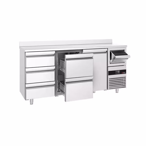 Stół chłodniczy barowy do napojów PREMIUM – 2130 x 600 mm – z 1 drzwiami, 5 szufladami, rantem i odbijakiem do kawy
