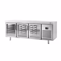 Stół chłodniczy barowy do napojów Premium PLUS – przelotowy – 2185 x 800 mm – EN 600 x 400 – z 3 drzwiami szklanymi – do cukierni i piekarni