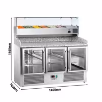 Pizzakylbänk ECO - 1400x700 mm - 3 glasdörrar - inkl. kylränna med glastopp - 6x GN 1/4