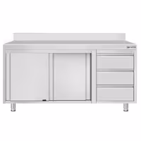 خزانة قاعدية ستانلس ستيل KOPENHAGEN ECO - 1600x600mm - أبواب منزلقة، ووحدة أدراج 3 يمين - مع حاجز خلفي