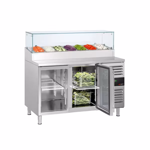 PREMIUM pripremni stol – 1360 mm – 2 staklena vrata – s staklenom pločom – za 7 x GN 1/3
