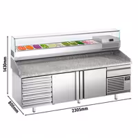 Table réfrigérée à pizza Premium PLUS - 2305x800 mm - avec 2 portes & 7 tiroirs - incl. vitrine réfrigérée pour ingrédients - 11 bacs GN 1/4