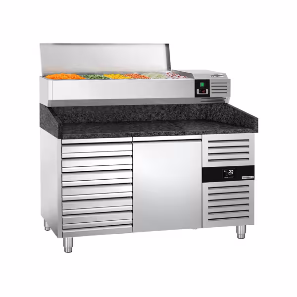 Stół chłodniczy do pizzy PREMIUM - 1500x800mm - z blatem granitowym - 1‑drzwiowy, 7 szuflad - z nadstawką chłodniczą - 7x GN 1/4