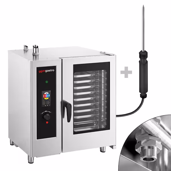 Commercial Electric Combi Oven - Touchscreen Controls - 10x GN 1/1 - incl. Automatic washing system, Core temperature probe, Boiler-based steam generator & Rack trolley