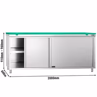 Darba galds ar skapīti no nerūsējošā tērauda KOPENHAGEN PREMIUM - 2000x600 mm - ar bīdāmām durvīm - iekļ. griežamais dēlis - zaļš