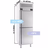 Koel-/vriescombinatie RVS - GN 1/1 - GN 2/1 - EN 600x400 - 687mm - 520liter - tot -22°C tot +8°C - met 2 deuren - geforceerde koeling, LED‑verlichting & automatische ontdooiing