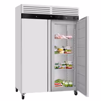 Hladnjak nehrđajući čelik (inox) ECO - GN 2/1 - 916 l - od 0 °C do +8 °C - s 2 vrata - ventilirano hlađenje, automatsko odmrzavanje, digitalni termostat, integrirana brava, 4 kotača