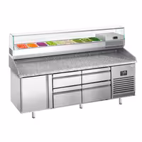 Table réfrigérée à pizza Premium PLUS - 1980x700 mm - avec 1 porte & 4 tiroirs - incl. vitrine réfrigérée - 9x GN 1/4