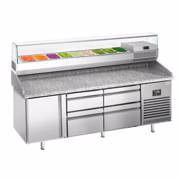 Profesionāls Picas galds PREMIUM PLUS - 1980x700 mm - ar 1 durvīm un 4 atvilktnēm - ar granīta darba virsmu - ar augšējo aukstuma vitrīnu - 9x GN 1/4
