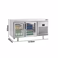 Stół chłodniczy barowy do napojów Premium PLUS – przelotowy – 1618 x 800 mm – EN 600 x 400 – z 2 drzwiami szklanymi – do cukierni i piekarni