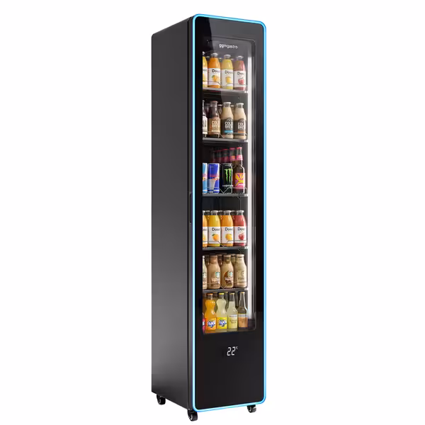 Frigorífico expositor de bebidas - 145 litros - design sem moldura - estreito - com 1 porta de vidro e luz LED azul
