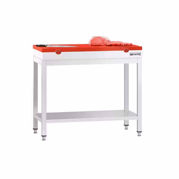 Arbetsbänk i rostfritt stål PREMIUM - 800x700 mm - med underhylla - inkl. skärbräda röd
