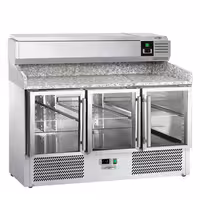 Pizzakylbänk ECO - 1400x700 mm - 3 glasdörrar - inkl. kylränna - 6x GN 1/4