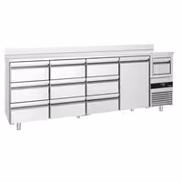 Hladilna miza za bar in pijače PREMIUM – 2690 x 600 mm – z 1 vrati, 9 predali, robom in posodico za kavo