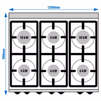 Cocina a gas - 44kW - 6 fuegos - con horno eléctrico convección - 4,68kW