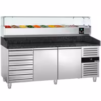 Pizzapult PREMIUM - 2025x800 mm - 2 ajtó + 7 fiók - feltéthűtővel üvegtetővel - 10x GN 1/4 - gránit munkalappal