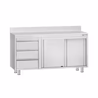 خزانة قاعدية ستانلس ستيل KOPENHAGEN ECO - 1400x700mm - وحدة أدراج 3 يسار، و2 أبواب منزلقة - مع حاجز خلفي