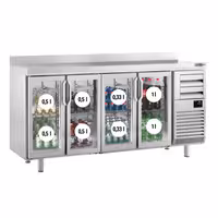 Stół chłodniczy barowy do napojów Premium PLUS – 2450 x 600 mm – z 4 drzwiami szklanymi, 2 szufladami i rantem