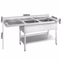 Pult za pranje za perilicu posuđa - 1800x700 mm - s 2 korita