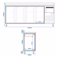 Stół chłodniczy barowy do napojów Premium PLUS – 2450 x 600 mm – z 4 drzwiami, rantem i odbijakiem do kawy