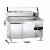 Table réfrigérée à pizza PREMIUM - 1500 x 800 mm - avec 2 portes - incl. vitrine réfrigérée avec LED - 7 x GN 1/4