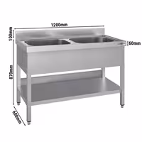 Stainless Steel Commercial Sink Unit ECO - 1200x600mm - with Double Bowl Centre - with Undershelf - with Upstand