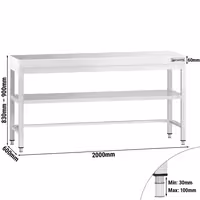 Mesa de trabalho em aço inoxidável PREMIUM - 2000x600mm - com prateleira inferior & com travessas de reforço