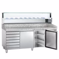 Stół chłodniczy do pizzy ECO – 2000 x 800 mm – z 2 drzwiami i 7 szufladami – z witryną nadstawną chłodniczą LED na 9x GN 1/3