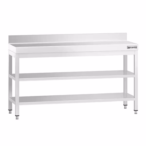 طاولة عمل ستانلس ستيل PREMIUM - 1600x800mm - مع رف سفلي & حاجز خلفي & رف وسطي & تدعيم
