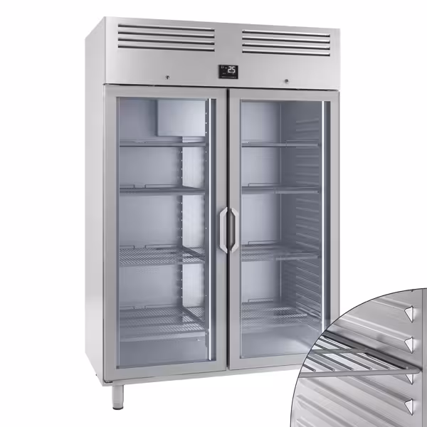 Szafa chłodnicza ze stali nierdzewnej PREMIUM PLUS - GN 2/1 - 1240L - 1385x794mm - 2 drzwi, przeszklona - chłodzenie wentylowane; LED