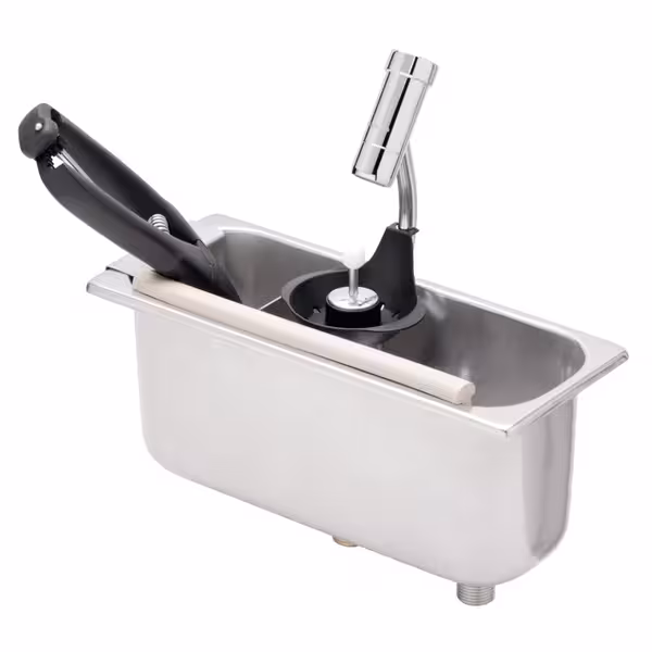 Dispozitiv clătire porționator înghețată - WATERSTOP - 269x110x115 mm - cu oprire automată a apei & supapă antiretur & intrare apă 1/2” - incl. abklopfprofil & țeavă de preaplin & suport de scurgere pentru porționator