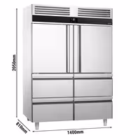 Szafa mroźnicza PREMIUM – stal nierdzewna – GN 2/1 – 1400 L – z 2 półdrzwiami i 4 szufladami