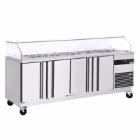 Stół chłodniczy sałatkowy PREMIUM – 2330 mm – z 4 drzwiami – z kanciastą nadstawką szklaną na 10x GN 1/6